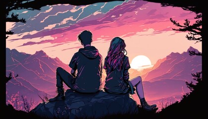 Wall Mural - man an woman at the top of a mountain, manga cartoon illustration, generative ai