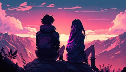 Wall Mural - man an woman at the top of a mountain, manga cartoon illustration, generative ai