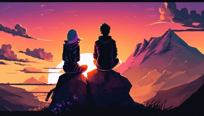 Wall Mural - man an woman at the top of a mountain, manga cartoon illustration, generative ai