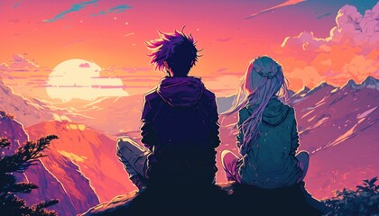 Wall Mural - man an woman at the top of a mountain, manga cartoon illustration, generative ai