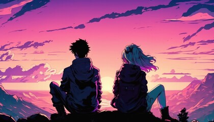 Wall Mural - man an woman at the top of a mountain, manga cartoon illustration, generative ai