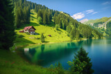 Fototapeta  - beautiful swiss landscape with house, lake, mountains and pine trees, AI generative