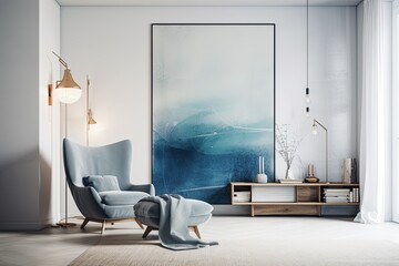 Canvas Print - Interior of a white living room with a blue armchair, a vertical poster in a frame, and some drawers. mock up toned double exposed image. Generative AI