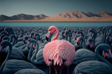 A Beautiful Pink Flamingo In A Group Of Hundreds Of Bla