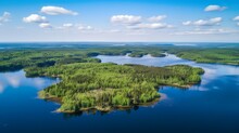 Beautiful Aerial Panorama Of The Saimaa Lake Areas And Boreal Forests In Finland