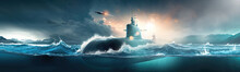 Generic Military Nuclear Submarine Floating In The Middle Of The Ocean With A Fighter Jet In The Background, Wide Poster Design With Copy Space Area - Generative AI