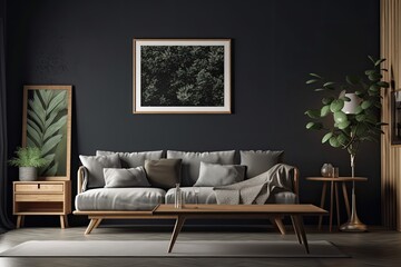 Wall Mural - Interior of a living room with a coffee table, sofa, pillows, and empty picture frame against a background of a dark wall. Generative AI