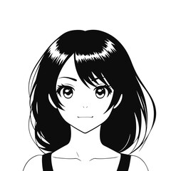 Wall Mural - Young woman, girl with big eyes. Anime cartoon character. Black and white sketch. Vector illustration