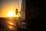 Fototapeta Sawanna - Long Haul 18 Wheel Truck driving on a highway at sunrise or sunset