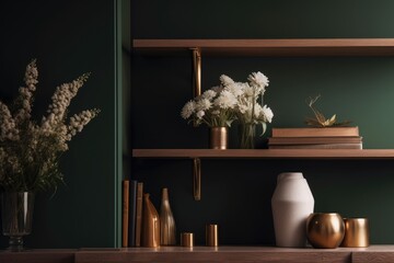 Sticker - Dark green wall with a copper vase holding a bouquet of white flowers in the backdrop is a beige wooden shelf. Generative AI