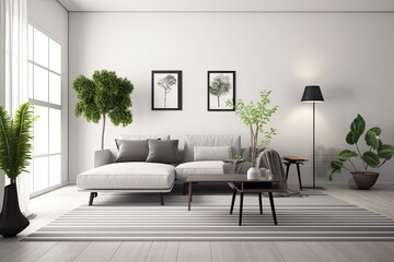 Modern open concept interior with furniture, a modular sofa, wooden coffee tables, plaid pillows, tropical plants, and chic personal accessories. living room without color. Generative AI