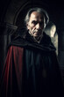 © alexkoral - old vampire Count Dracula in red cloak in castle. Generative AI illustration