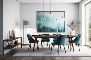 Wall Mural - Black frame, desk, and blue dining table make up this mockup frame in the dining room. Generative AI