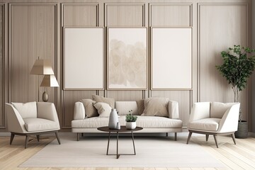 In the living area with wood paneling and beige interior accents, three paintings are positioned above four seats. Parquet. a mockup an idea for a contemporary, elegant home design. Generative AI