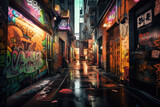 Fototapeta Londyn - cyberpunk street in night with graffiti 