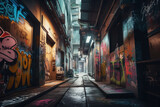 Fototapeta Londyn - Cyberpunk street in the city with graffiti 
