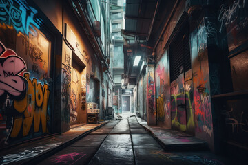 Cyberpunk street in the city with graffiti 