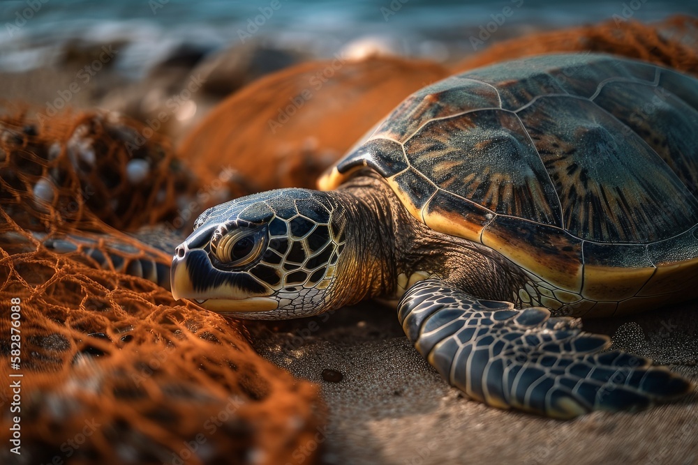 Stock-Illustration „A turtle caught with fishing net. The concept of ...