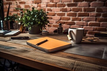 Sticker - Board and post it notes, a book, a pencil, and a coffee mug are on a stylish table next to a brick wall. Generative AI