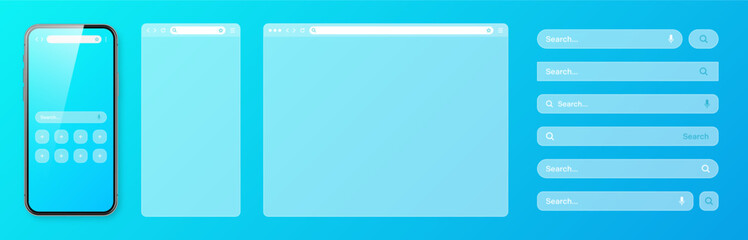 Smartphone, transparent internet browser window with various search bar templates. Web site engine with search box, address bar and text field. Website UI interface elements. Vector illustration