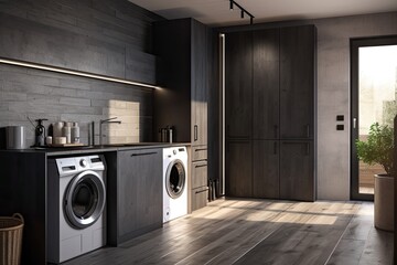 Canvas Print - A side view of a black wooden bathroom corner with two washing machines, gray counters, and closets. mock up toned double exposed image. Generative AI