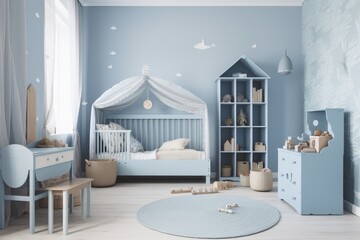 Wall Mural - blue color in the nursery mockup, farmhouse interior background, Scandinavian style, mock up wall,. Generative AI