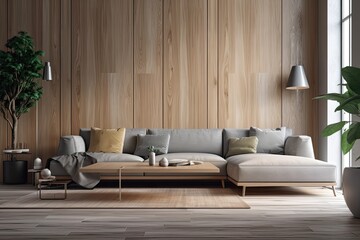 Poster - living room's interior sofa is gray, and there is a wood floor and a wooden wall in the backdrop. Generative AI