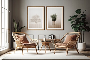 Sticker - Two rattan armchairs and mock poster frames on a modern interior background. Generative AI