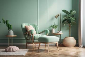 Canvas Print - chair in mint green a living room painted green. minimalist design idea style of pastel colors. Generative AI