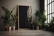 Black frame leaning on the ground in a fake room with plants. Model of a framed image for a wall. Generative AI