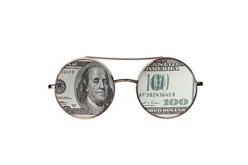 Wall Mural - Round shape golden frame glasses with american cash money lenses isolated cutout on transparent