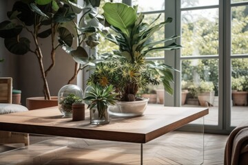 Wall Mural - The outdoor space and coffee table are decorated with small plants. Generative AI