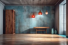Interior Background With Painted Wall, Wooden Desk, And Light In A Barren Mediterranean Style. Wood Flooring. Generative AI
