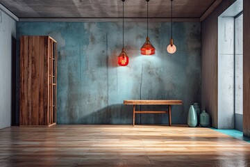 Sticker - Interior background with painted wall, wooden desk, and light in a barren Mediterranean style. wood flooring. Generative AI