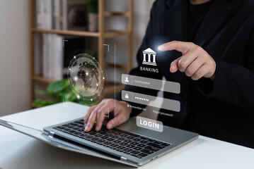 businessman using laptop connecting to virtual bank or online banking concept, log in cyber security