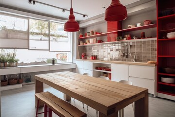 Poster - Cordoba, Argentina, kitchen with white furniture and red artifacts for architecture and decoration. Generative AI