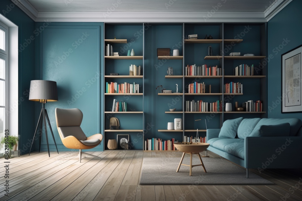 Living room interior with wooden floor and blue wall mockup ...