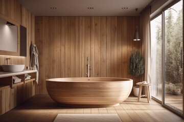 Canvas Print - Interior of a wooden bathroom with a white tub. Generative AI