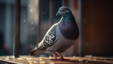 Pigeon Sitting In The Rain, Pink And Green Colored Neck