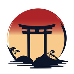 Torii gate and sun icon, Japanese icon vector logo illustration Design