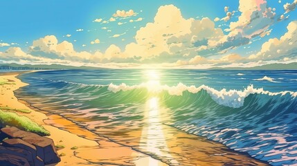 Canvas Print - Sunrise on sunny tropical beach with anime cartoon style drawing. Generative AI technology.