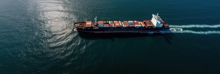 Aerial top view of cargo maritime ship with contrail in the ocean ship carrying container and running for export, generative ai