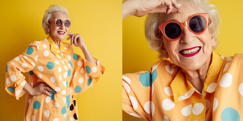 Trendy fashion funny old person in bright colored elegant clothes created with ai generative tools