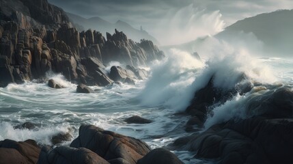 Canvas Print - great image of strong waves splashing into the rocks, generative ai