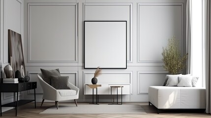Wall Mural - White Blank Mockup poster frame on the wall of living room. Luxurious apartment background with contemporary design. Modern interior design. generative ai