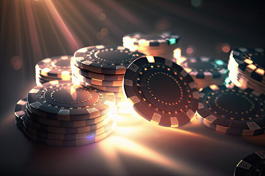 casino poker chips with rays of light isolated on dark background. generative ai