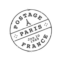 Wall Mural - Paris postage and postal stamp. Postcard France town mark, postal letter envelope Paris city circle vector postmark imprint or mail delivery departure country or French region ink stamp