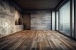 © AkuAku - An empty room with a wooden floor and an anthracite wall in the background is an expansive side view of a house with internal decorations that is in natural hue. Generative AI