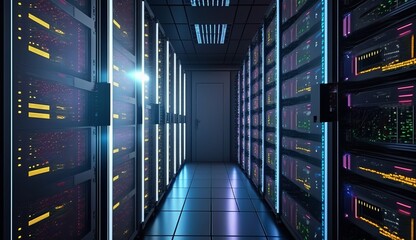 Fototapete -  Server room computing technology at data center. Generative AI technology.