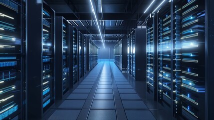 Fototapete - Server racks row at data center room. Generative AI technology.
